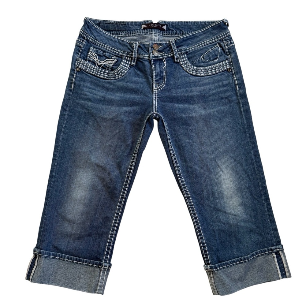 VIGOSS Fit Embroidered Stitched Folded Hem Capri Denim Jeans Women Size 30 Waist